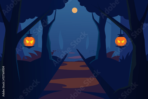Black Forest Path Lit Only by Jack O Lanterns