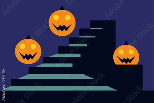 Carved Pumpkins on a Spooky Staircase