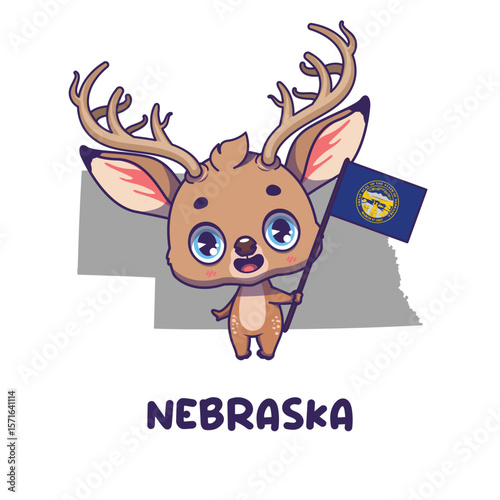 State animal White-tailed Deer holding the flag of Nebraska