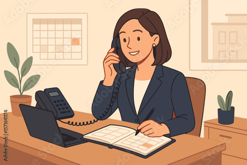 Receptionist answering phone. Secretary or assistant scheduling appointments in a calendar. Businesswoman multitasking. Administrator job. Customer support coordination concept.