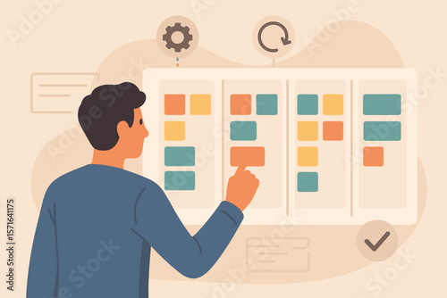Agile software development and project management concept. Man using Kanban board or Scrum framework on screen. Organizing tasks, planning workflow, business process visualization.