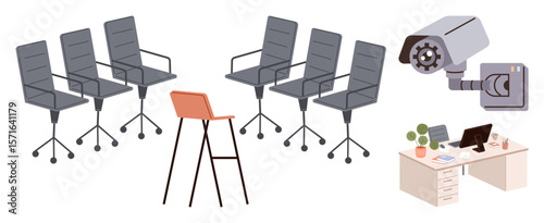 Office setup with chairs, desk with computer, potted plant, and wall-mounted surveillance camera. Ideal for workplace monitoring, team management, office security, safety, productivity modern