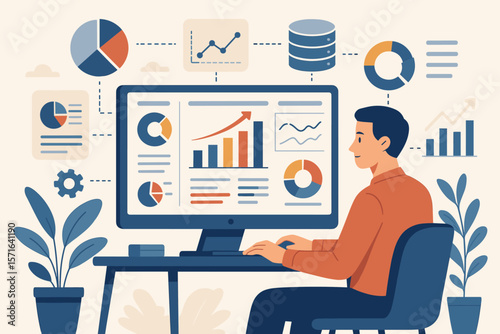 Data analyst working on computer with business analytics dashboard. Man analyzing financial metrics, charts, graphs for a report. KPI management system and corporate strategy.