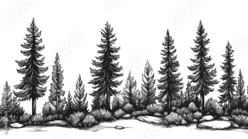 Serene Pine Forest Landscape Engraved Style EPS Image