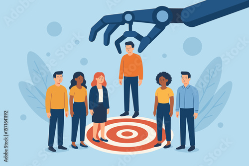AI robotic arm selecting employee for HR recruitment or marketing target audience. Automation in customer segmentation, CRM, and talent acquisition. Focus group concept.