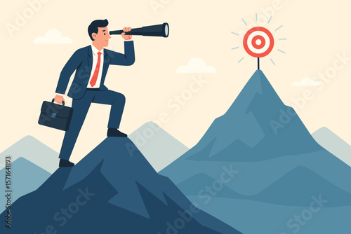 Ambition to aim high and achieve business goal. Motivation to success, challenge and determination for victory concept. Ambitious businessman looks through telescope at target.