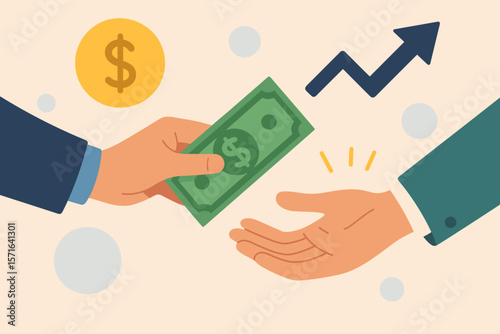 Businessman hand giving money banknote for payment. Loan, credit and debt concept. Financial investment, salary or bonus incentive with growth arrow. Borrowing and lending cash.
