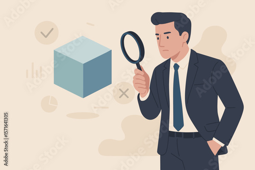 Business case study or marketing research concept. Businessman with magnifying glass analyzing a product prototype. Competitor analysis, finding strengths and weaknesses. SWOT.