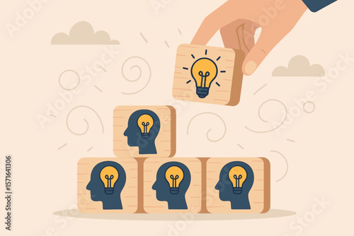 Brainstorming creative ideas and innovation teamwork concept. Hand placing wooden block with light bulb icon on group of people blocks symbolizing collective thinking and solutions