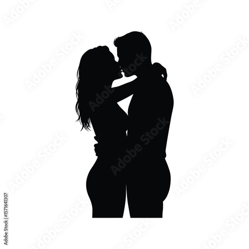Romantic Couple Silhouette Passionate Kiss Love Embrace Black and White Vector Illustration