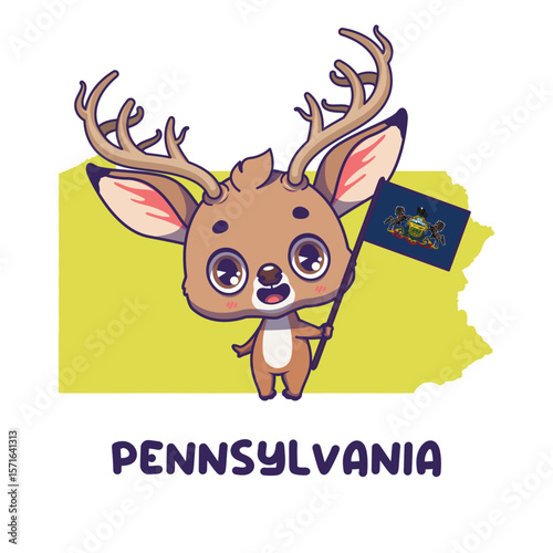State animal White-tailed Deer holding the flag of Pennsylvania