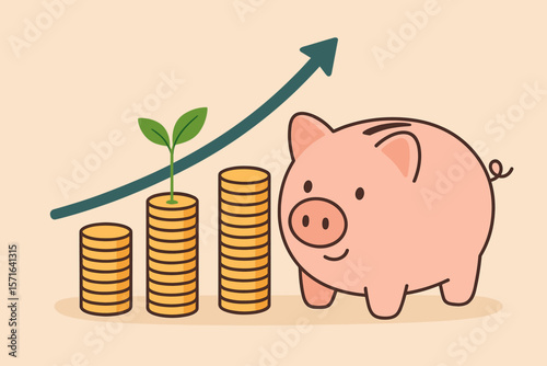 Piggy Bank Savings and Investment Growth Concept. Money Coin Stack with Plant, Upward Arrow Graph. Financial Planning, Wealth Management, Budget, Economic Success, Profit Increase