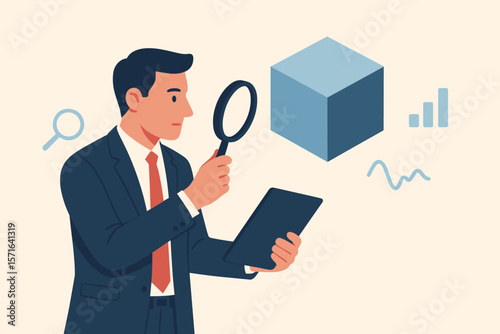 Marketing research and business case study concept. Analyst with magnifying glass inspects a product prototype. Competitor analysis, data review, SWOT for strengths & weaknesses.