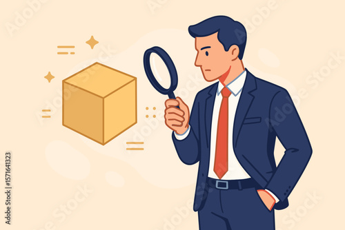 Business case study and marketing research. Businessman with magnifying glass analyzes a product prototype. Competitor analysis, SWOT, quality control, due diligence concept.