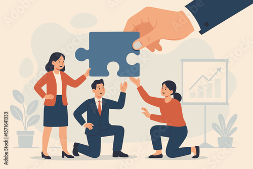 Team building concept. Leadership supporting team to find solution. Giant manager hand connecting jigsaw puzzle piece. Business collaboration, teamwork, and cooperation for success.