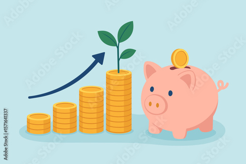 Financial growth investment concept. Piggy bank saving money. Coin stack bar chart with upward arrow. Plant growing on coins. Wealth management, income increase, budget planning.