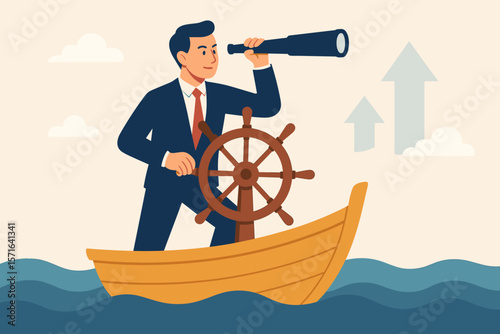 Business leadership and visionary concept for company success. Businessman boat captain controls helm, using telescope for career direction, work achievement and future growth.