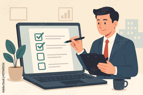 Business performance checklist concept. Businessman doing online survey, filling out digital form on laptop. Man taking an assessment or questionnaire for evaluation and review.