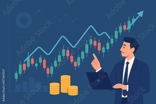 Businessman Analyzing Stock Market Investment Growth, Financial Trading Graph, Forex Candlestick Chart, Digital Assets, Profit, Technology, Finance, Wealth Management