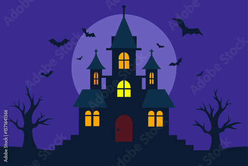 Haunted Mansion with Flickering Lights and Bats