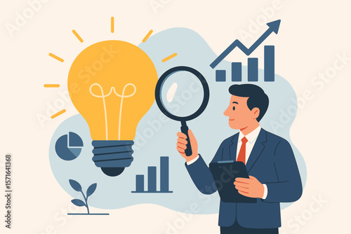 Business idea validation concept. Businessman checks project viability with market research. Evaluate strategy, profitability, and potential for success. Innovation analysis.