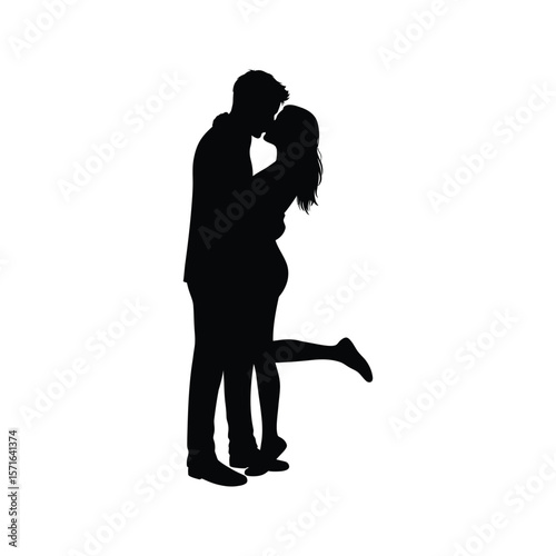 Romantic couple silhouette passionate kiss love romance relationship black and white vector illustration