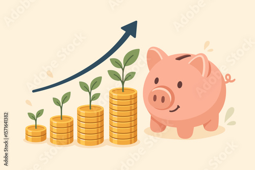 Financial growth investment concept. Piggy bank savings, money coin stack, increasing profit chart, plant sprout on coins, wealth accumulation, economic success, money management