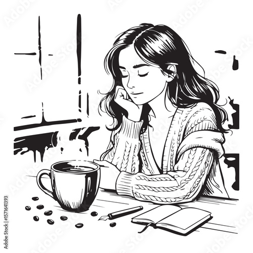 A young woman enjoys a moment of peace with a cup of coffee and a notebook