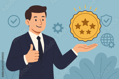 Businessman shows top service quality assurance sign. 5 star rating for best product. Guarantee, standards, ISO certification and standardization concept. Customer satisfaction.