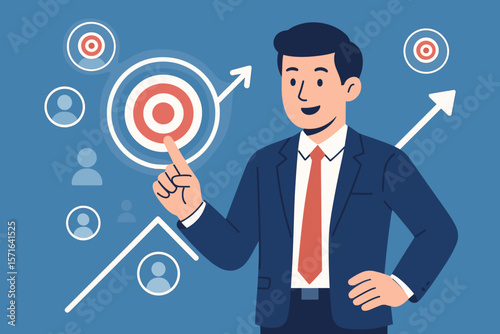 Businessman points to a virtual target icon. Business objective and strategic planning for growth. Target customer group and marketing strategy concept. Flat vector cartoon.