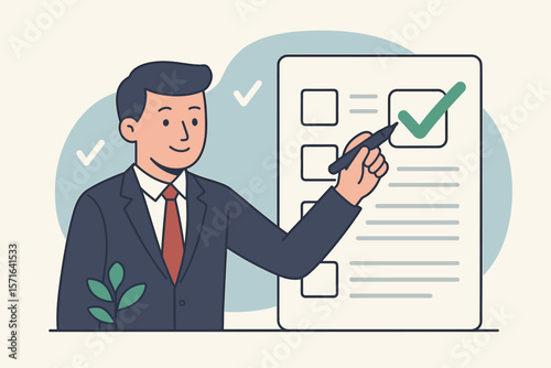 Businessman puts green check mark on checklist. Document approval, project acceptance, quality assurance concept. Man completing assessment, questionnaire, evaluation, survey.