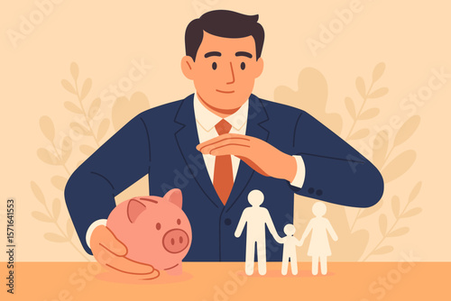 Businessman protects piggy bank and paper family. Concept of financial planning, life insurance, savings for the future, retirement fund, superannuation, and investment care.