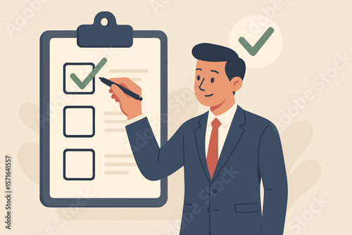 Businessman marks a correct tick on a clipboard checklist. Concept of document approval, project acceptance, quality assurance, and passing an evaluation or online assessment.