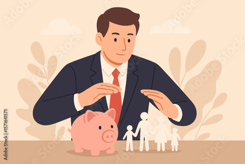 Businessman protects family and savings. Life insurance, family finance plan concept. Financial security, investment for the future, retirement fund, pension, wealth management.