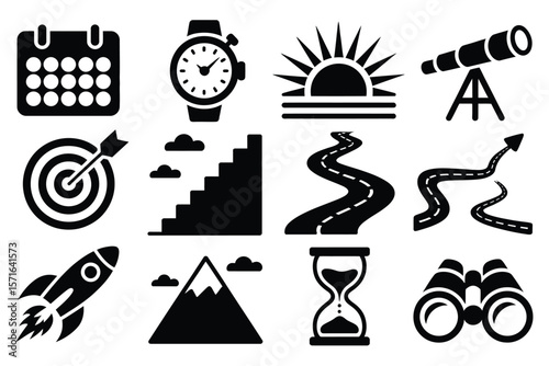 Solid black icons of calendar, telescope, dartboard, and more

