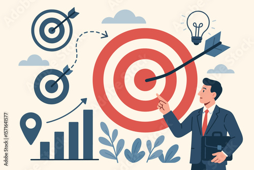 Business goal and target concept. Businessman pointing at bullseye with arrow. Strategy for success, achievement, financial growth chart. Idea and innovation. Vector illustration.