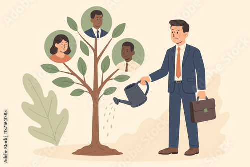 Human resources concept for career growth, talent management. HR manager watering a people tree. Metaphor for employee development, staff nurturing, investment, and recruitment.