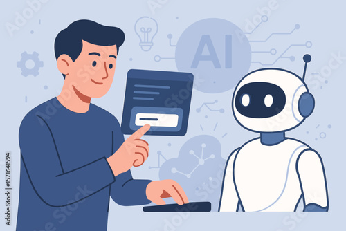 Man interacting with AI chatbot. User entering command prompt to chat with artificial intelligence. Futuristic technology concept with smart robot assistant and innovation.