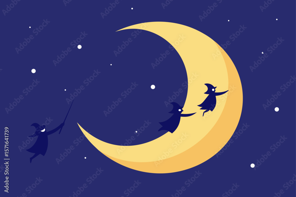 Naklejka premium Witches Flying Past a Glowing Full Moon