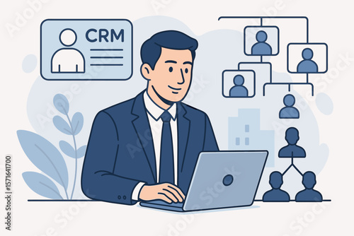 CRM, customer relationship management, and Human Resources concept. Businessman on laptop manages personnel, recruitment, and team organizational structure. HR technology vector.