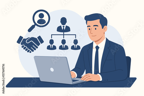 CRM and Human Resource management concept. Businessman using laptop for personnel management, effective recruitment, organizational structure, and customer relationship marketing.