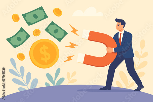 Businessman with a giant magnet attracting money. Metaphor for customer acquisition cost, lead generation, marketing strategy, investment return, profit, and financial success.