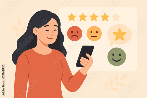 Customer experience concept. Woman giving positive feedback via smartphone for user satisfaction. CX UX design with star rating and emotion icons for product or service review.