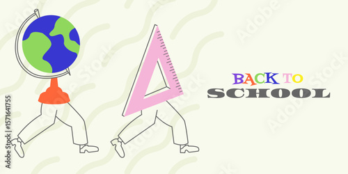 Back to school Trendy abstract banner, poster, cover, card with characters. Education background, template for advertising, sales, web and social media, print