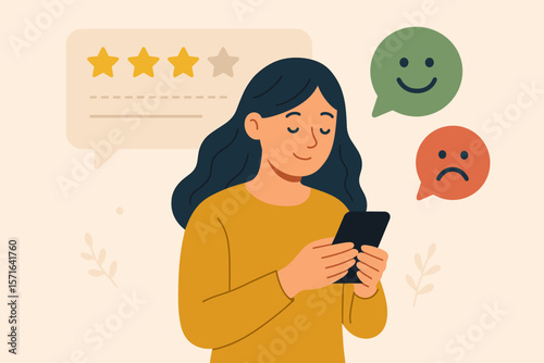 Customer experience, CX user satisfaction concept. Woman gives feedback on phone. Online review with star rating. Positive and negative comment. User opinion on product, service. UX.