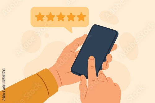 Customer review with hand holding smartphone. Positive feedback with five star rating. Client satisfaction, user experience and quality assessment concept. Excellent service.