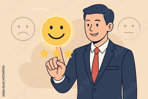 Customer service and satisfaction concept. Businessman touches virtual screen with a happy smile face icon. Client gives positive review, excellent feedback and highest rating.