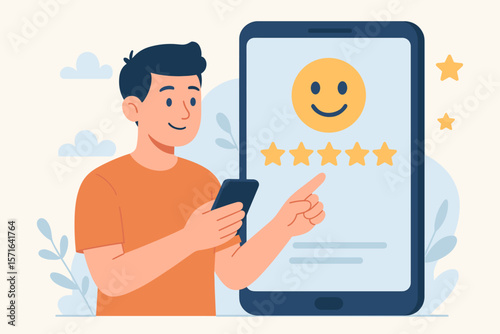 Customer review and satisfaction concept. Man giving a positive five star rating on a smartphone app. User feedback survey for service experience and quality evaluation.