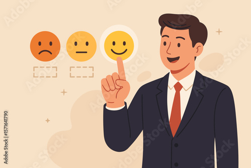Customer satisfaction survey concept. Businessman giving a positive review by touching the happy smile emoji. Excellent service rating, client feedback, and user experience vector.