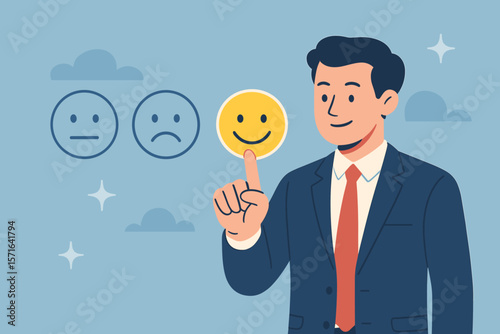 Customer service and satisfaction concept. Businessman chooses a happy smiley face icon. Giving a positive review, feedback for excellent service, quality rating, and experience.